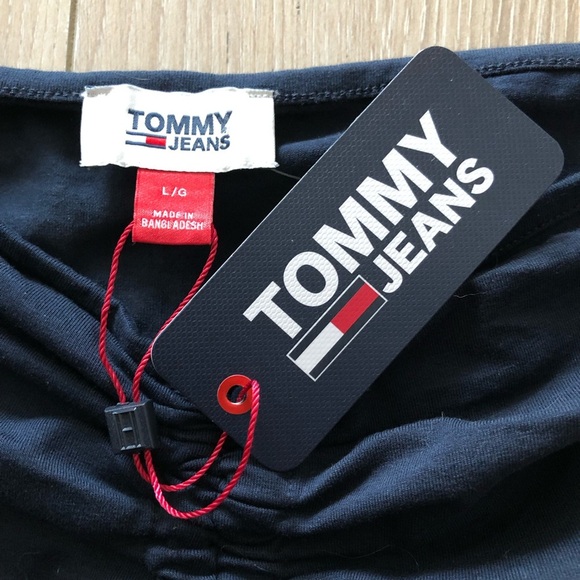 NWT Tommy Jeans Ruched Crop Top with Logo Strings in Navy Size L - Picture 3 of 10